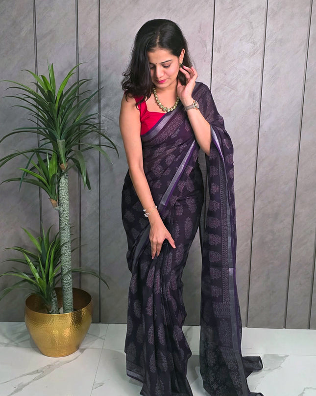 Royal Purple Linen Ready-to-Wear Saree