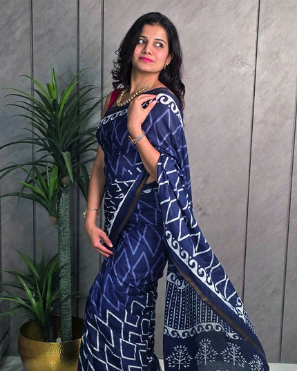 Geometric Printed Indigo Mul Cotton Ready-to-Wear Saree with Blouse Piece & Pocket