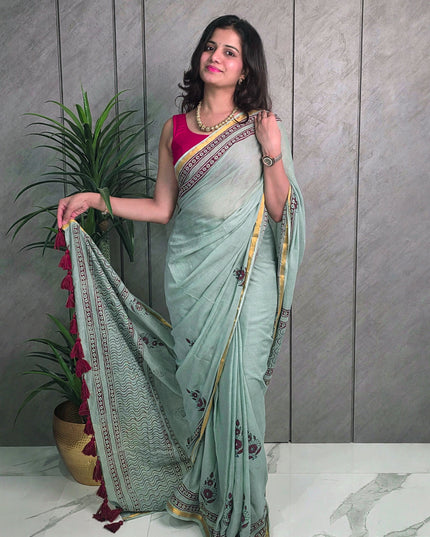 Pastel Mint Green Pure Mul Cotton Ready-to-Wear Saree with Blouse Piece & Pocket