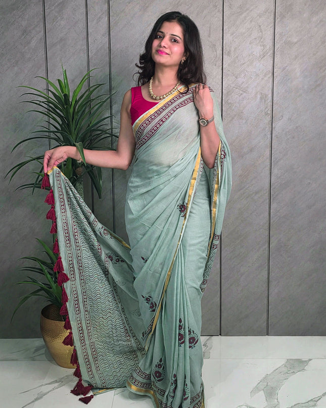 Pastel Mint Green Pure Mul Cotton Ready-to-Wear Saree with Blouse Piece & Pocket