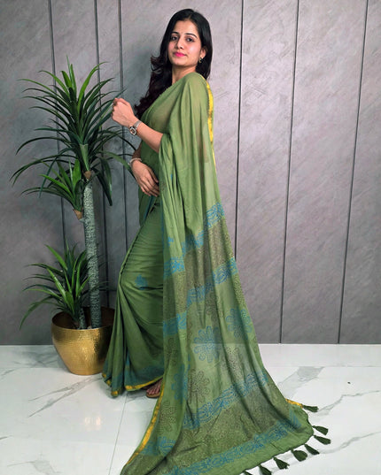 Olive Green Pure Mul Cotton Ready-to-Wear Saree with Blouse Piece & Pocket