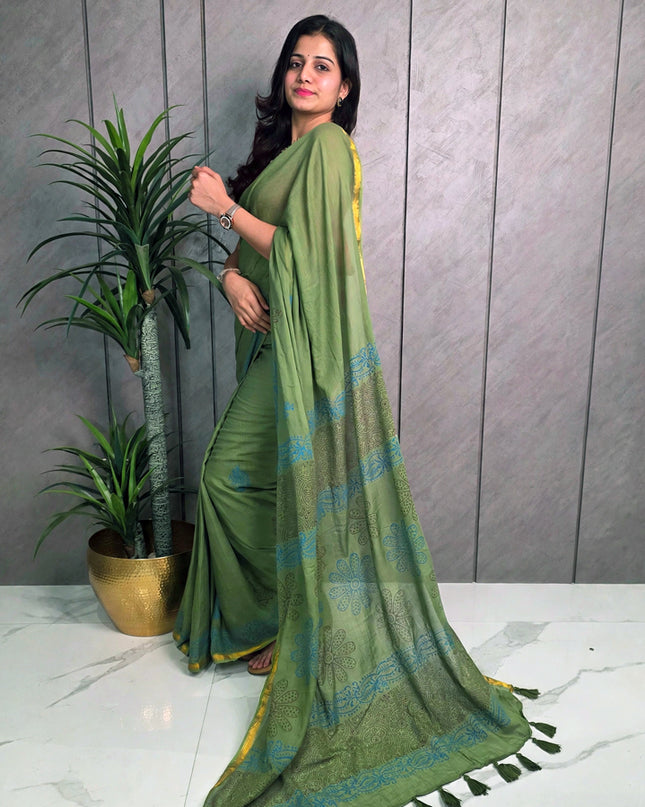 Olive Green Pure Mul Cotton Ready-to-Wear Saree with Blouse Piece & Pocket