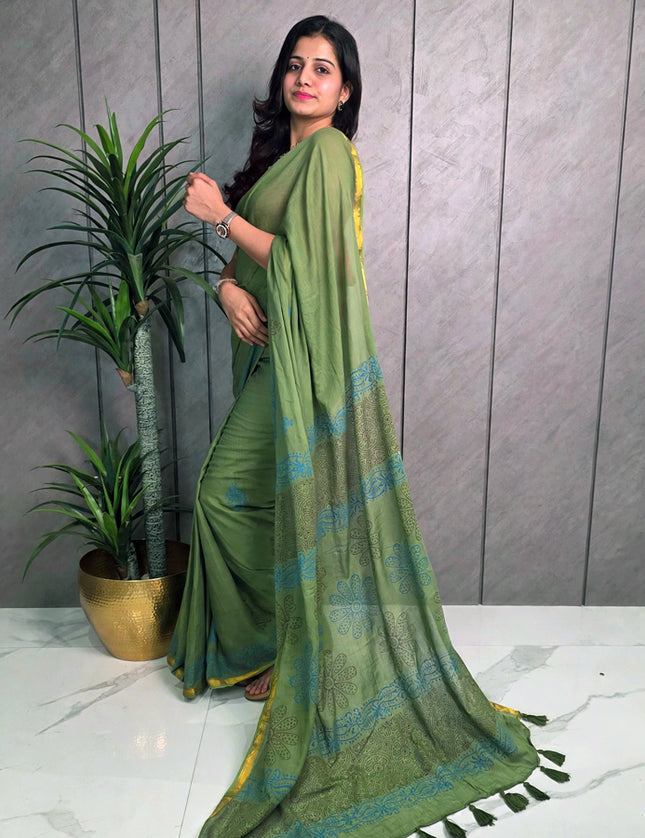 Olive Green Pure Mul Cotton Ready-to-Wear Saree with Blouse Piece & Pocket