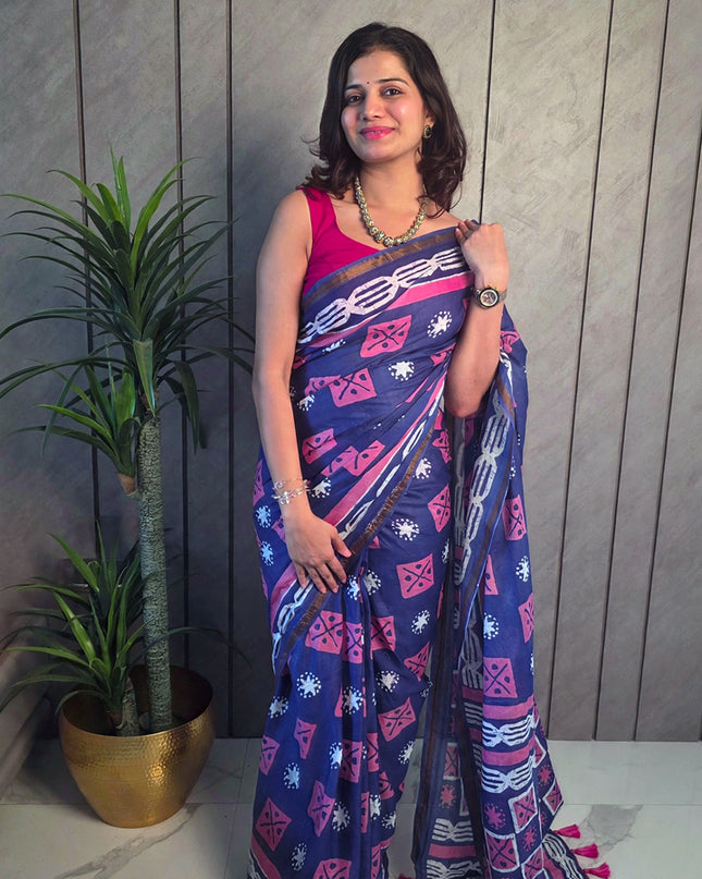 Navy Blue & Pink Printed Mul Cotton Ready-to-Wear Saree with Blouse Piece & Pocket