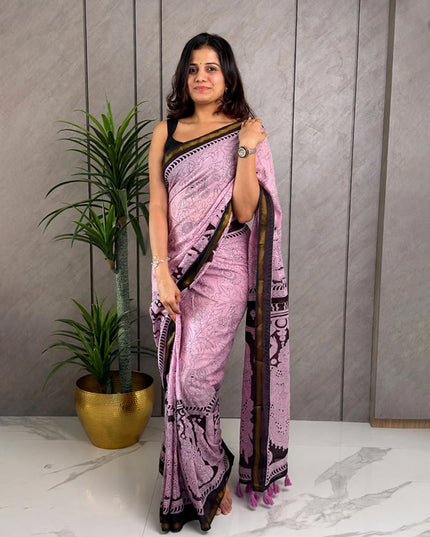 Pink & Black Kalamkari Mul Cotton Ready-to-Wear Saree with Blouse Piece & Pocket