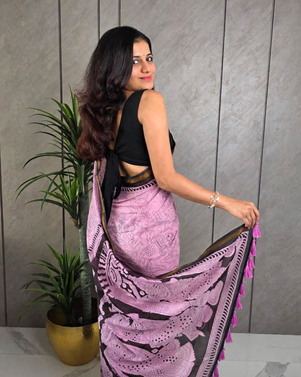 Pink & Black Kalamkari Mul Cotton Ready-to-Wear Saree with Blouse Piece & Pocket