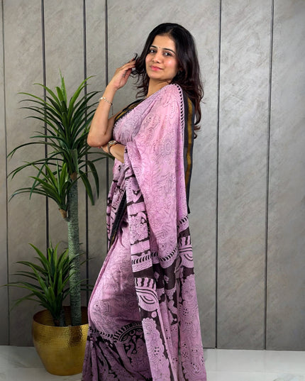 Pink & Black Kalamkari Mul Cotton Ready-to-Wear Saree with Blouse Piece & Pocket