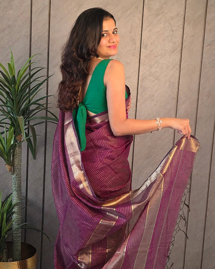 Wine Maroon Semi Maheshwari Ready-to-Wear Saree with Blouse Piece