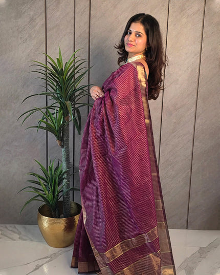 Wine Maroon Semi Maheshwari Ready-to-Wear Saree with Blouse Piece