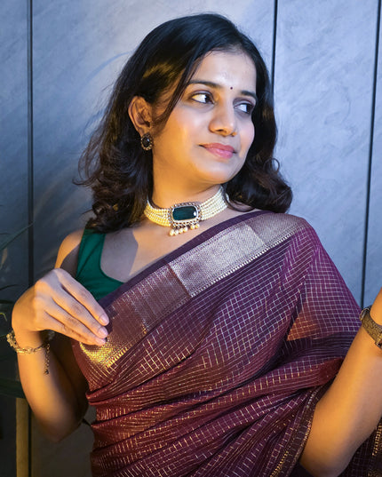 Wine Maroon Semi Maheshwari Ready-to-Wear Saree with Blouse Piece