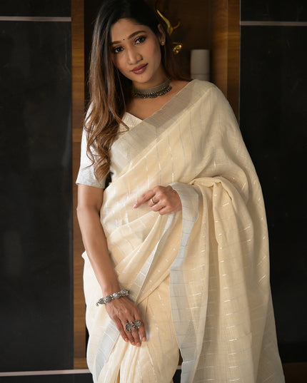 Elegant Off-White  Linen Saree with Silver Zari Border