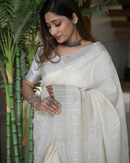 Elegant Off-White  Linen Saree with Silver Zari Border