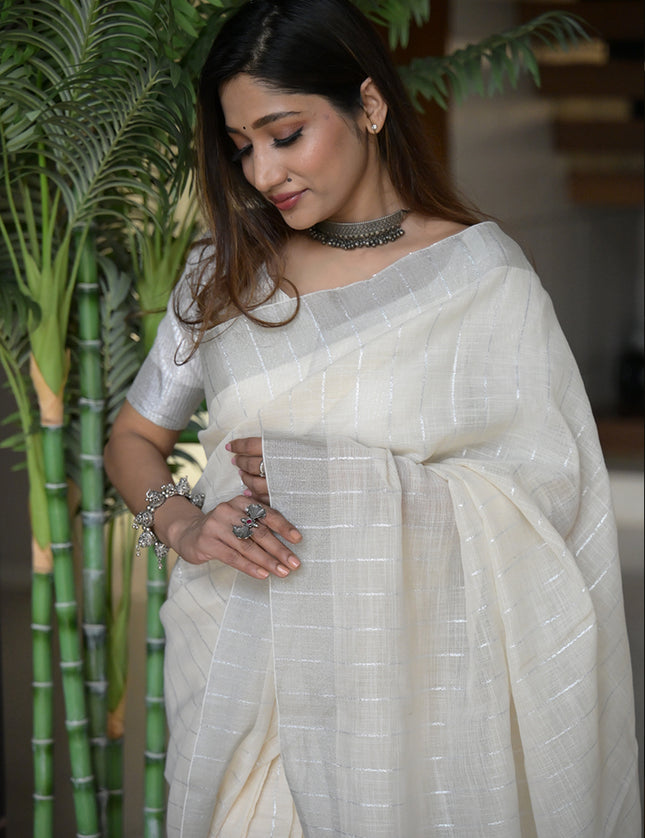 Elegant Off-White  Linen Saree with Silver Zari Border