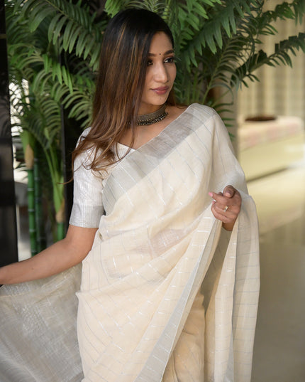 Elegant Off-White  Linen Saree with Silver Zari Border