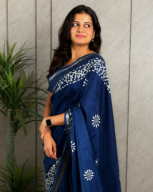 Royal Blue Dola Silk Batik Print Ready-to-Wear Saree with Blouse Piece