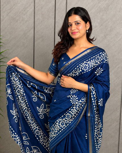 Royal Blue Dola Silk Batik Print Ready-to-Wear Saree with Blouse Piece
