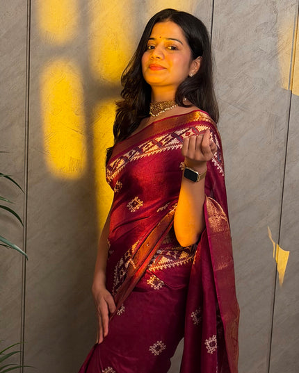 Wine Dola Silk Mirror Work & Traditional Print Ready-to-Wear Saree