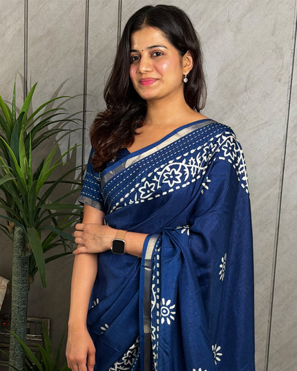 Royal Blue Dola Silk Batik Print Ready-to-Wear Saree with Blouse Piece
