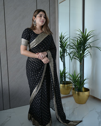 Midnight Black Banarasi Georgette Saree with Silver with golden tint Mukaish Dots