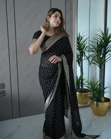 Midnight Black Banarasi Georgette Saree with Silver with golden tint Mukaish Dots