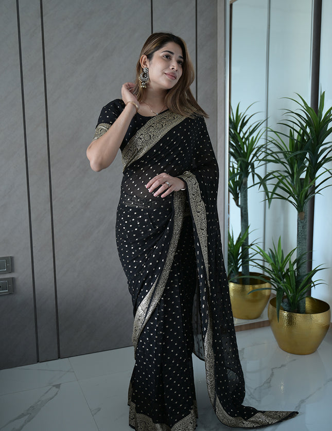Midnight Black Banarasi Georgette Saree with Silver with golden tint Mukaish Dots