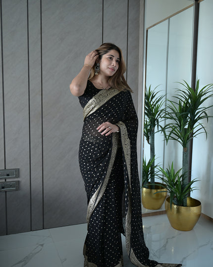 Midnight Black Banarasi Georgette Saree with Silver with golden tint Mukaish Dots