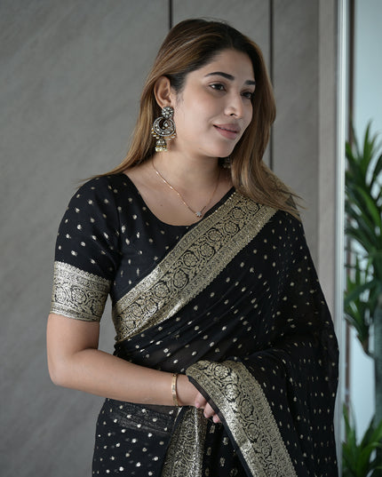 Midnight Black Banarasi Georgette Saree with Silver with golden tint Mukaish Dots