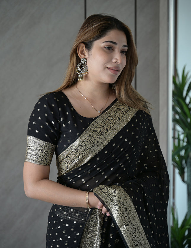 Midnight Black Banarasi Georgette Saree with Silver with golden tint Mukaish Dots