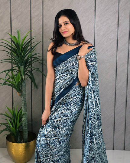 Navy Blue & White Rasmalai Fabric Ready-to-Wear Saree