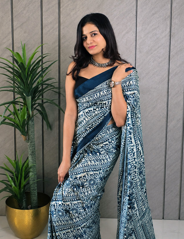 Navy Blue & White Rasmalai Fabric Ready-to-Wear Saree