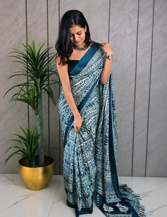 Navy Blue & White Rasmalai Fabric Ready-to-Wear Saree