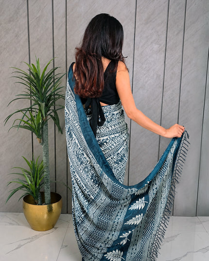 Navy Blue & White Rasmalai Fabric Ready-to-Wear Saree