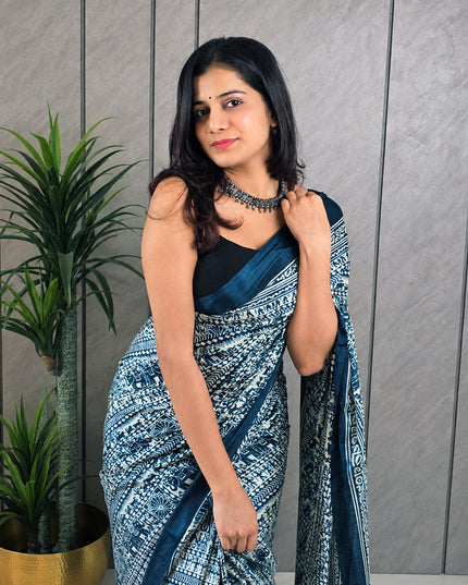 Navy Blue & White Rasmalai Fabric Ready-to-Wear Saree