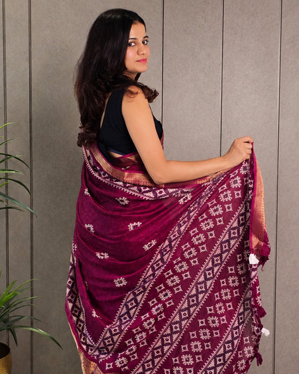 Wine Dola Silk Mirror Work & Traditional Print Ready-to-Wear Saree