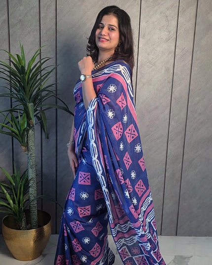 Navy Blue & Pink Printed Mul Cotton Ready-to-Wear Saree with Blouse Piece & Pocket