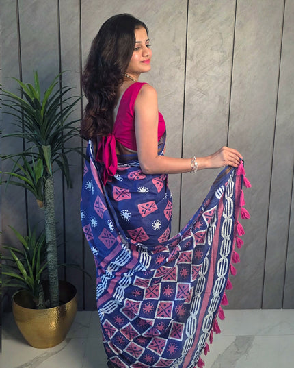 Navy Blue & Pink Printed Mul Cotton Ready-to-Wear Saree with Blouse Piece & Pocket