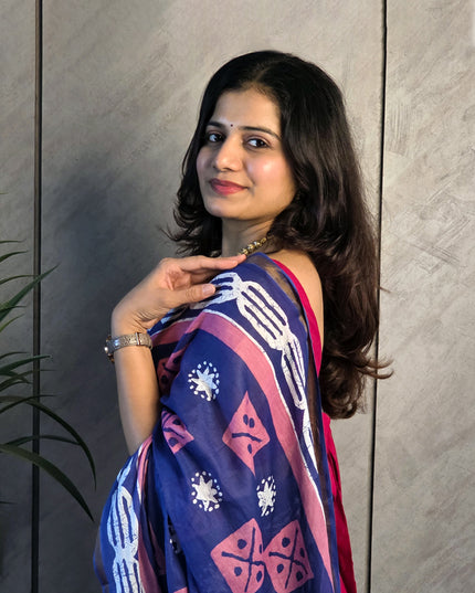 Navy Blue & Pink Printed Mul Cotton Ready-to-Wear Saree with Blouse Piece & Pocket